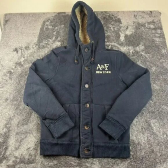 Vtg Abercrombie & Fitch Sherpa Lined Hooded Jacket Navy Blue Men's XL Full Zip - Picture 1 of 16